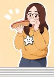 1girl 49s-aragon absurdres bangs black-framed_eyewear black_pants blush brown_eyes brown_hair food freckles glasses highres holding holding_food hot_dog licking_lips long_hair long_sleeves original pants parted_bangs solo sweater tongue tongue_out yellow_sweater 