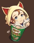  animal_ears animal_hood blue_eyes blue_undershirt brown_hair cat_ears cat_hood final_fantasy final_fantasy_xiv high_collar hood krile_mayer_baldesion_(ff14) mateus_upd pringles pringles_can stuck wrist_cuffs 