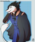  absurd_res anthro black_body black_fur bottomwear cape clothed clothing coat cosmic_noodle digital_media_(artwork) fur hand_on_head happy hi_res male multicolored_body multicolored_fur open_mouth ring_(jewelry) sergal shaded simple_background smile solo teeth teeth_showing topwear two_tone_body two_tone_fur white_body white_fur 