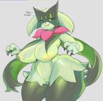  anthro big_breasts breasts female genitals green_body grey_background hi_res kocogi looking_at_viewer meowscarada nintendo pokemon pokemon_(species) pokemorph pussy simple_background smile solo thick_thighs video_games 