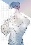  1boy abs commentary_request highres holding jujutsu_kaisen kimsatgat korean_commentary large_pectorals male_focus muscular muscular_male nanami_kento pectorals short_hair solo standing sweat topless_male upper_body 