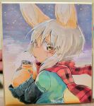  1other alternate_costume animal_ears aqua_shirt artist_name blush breath brown_eyes brown_fur can casual closed_mouth commentary_request contemporary from_side furry grey_hair hands_up holding holding_can looking_at_viewer looking_to_the_side made_in_abyss mumu_yu_mu nanachi_(made_in_abyss) photo_(medium) plaid plaid_scarf red_scarf scarf shikishi shirt short_hair sidelocks sideways_glance sky solo traditional_media upper_body whiskers 