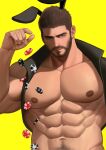  1boy abs bara bare_pectorals black_hair black_vest chris_redfield closed_mouth facial_hair gr_goden highres large_pectorals male_focus male_playboy_bunny muscular muscular_male navel nipples open_clothes open_vest pectorals poker_chip rabbit resident_evil short_hair solo upper_body vest 