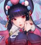  1girl bangs black_hair blunt_bangs dress fur_collar fur_trim genshin_impact hair_ornament hat_ornament interlocked_fingers lavelis lips lolita_fashion long_sleeves looking_at_viewer nail_art nail_polish own_hands_clasped own_hands_together portrait qi_lolita red_eyes solo tassel yun_jin_(genshin_impact) 