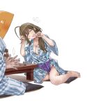  1boy 1girl bare_legs barefoot bath_yukata beer_bottle blush breasts brown_hair cleavage collarbone drunk hamedoragon head_tilt idolmaster idolmaster_shiny_colors japanese_clothes kimono kuwayama_chiyuki large_breasts nyan p-head_producer producer_(idolmaster) simple_background sitting table toes white_background yokozuwari yukata 