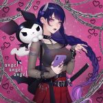  1girl alternate_costume bandaid belt black_nails braid chain choker earrings fishnets genshin_impact heart jewelry katana knife kuromi lavelis onegai_my_melody phone purple_eyes purple_hair raiden_shogun ring sword weapon 