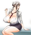  between_breasts blush body_blush breasts brown_eyes brown_hair cleavage clothes_between_breasts covered_nipples fusano_fumie gigantic_breasts mature milk_junkies milk_junkies_2 mole necktie no_bra pencil_skirt sagging_breasts short_hair sitting sketch skirt solo tatsunami_youtoku teacher 