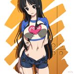  akiyama_mio arm_behind_back black_hair breasts commentary_request crop_top denim denim_shorts heart impossible_clothes impossible_shirt k-on! large_breasts long_hair looking_at_viewer midriff navel open_fly raglan_sleeves shirt short_shorts shorts skindentation solo suna unbuttoned unzipped very_long_hair 