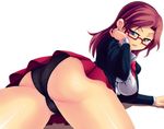  ass bad_id bad_pixiv_id black_panties blue_eyes brown_hair copyright_request glasses kisaragi_yakumo looking_back miniskirt mole mole_under_mouth naughty_face panties pantyshot red-framed_eyewear skirt solo underwear 