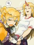  angry annoyed blonde_hair cuffs green_eyes holding_hands horn hoshiguma_yuugi kiri_(linalool) laughing mizuhashi_parsee multiple_girls pointy_ears short_hair touhou wavy_mouth 