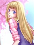  1girl artist_request blonde_hair blue_eyes claire_(harvest_moon) female harvest_moon looking_at_viewer nature outdoors sky smile solo 