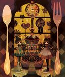  boots bow brown_hair cake candy clock elbow_gloves food fork fruit gloves hair_bow hat heart in_food long_hair mini_hat mini_top_hat minigirl multiple_girls necktie original pantyhose short_hair spoon standing strawberry top_hat yumi_(tuzisaka) 