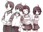  2boys 2girls ahoge angela_(harvest_moon) artist_request harvest_moon kasey_(harvest_moon) kevin_(harvest_moon) looking_at_viewer molly_(harvest_moon) monochrome multiple_boys multiple_girls 