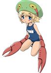  aizawa_shin blonde_hair blue_eyes blush_stickers borrowed_character claws crab flat_chest hat one-piece_swimsuit original pincers sandals school_swimsuit short_hair simple_background solo swimsuit white_background zarigame_(edward) 