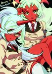  aguri_(aguri0406-aoi) bad_id bad_pixiv_id blue_hair demon_girl fang glasses green_eyes green_hair horns kneesocks_(psg) long_hair multiple_girls panty_&amp;_stocking_with_garterbelt ponytail red_skin scanty_(psg) school_uniform skirt smile thighhighs 