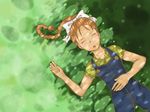  1girl ann_(harvest_moon) artist_request brown_hair eyes_closed female harvest_moon overalls solo 