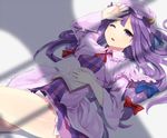  book bow crescent hair_bow hat kurasawa_moko long_hair lying on_back one_eye_closed open_book patchouli_knowledge purple_eyes purple_hair shadow solo thighs touhou wince window_shade 
