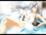  alcohol bath blush breasts character_request closed_eyes grey_hair legs letterboxed long_hair medium_breasts nude onsen sake shin'ya_(nanp) solo steam water wet 