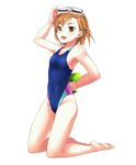  24a armpits barefoot brown_eyes brown_hair competition_swimsuit diving_mask flat_chest highres image_sample kneeling md5_mismatch misaka_mikoto one-piece_swimsuit pixiv_sample salute short_hair solo swimsuit to_aru_kagaku_no_railgun to_aru_majutsu_no_index transparent_background water_gun 