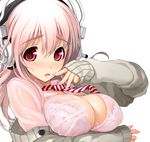  bb bra breasts female girl headphones large_breasts lingerie necktie nitroplus pink_hair simple_background solo sonico soniko super_sonico sweater sweater_meat tie underwear wet wet_clothes wet_clothing 