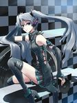 boots detached_sleeves green_eyes grey_hair hagane_miku hagane_vocaloid ikusotsu leather long_hair sitting solo thigh_boots thighhighs twintails very_long_hair vocaloid 