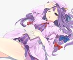  crescent hat kurasawa_moko long_hair lying patchouli_knowledge purple_eyes purple_hair solo thighs touhou wince 