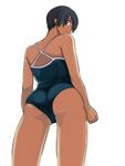  ass back bad_id bad_pixiv_id black_eyes black_hair from_behind from_below looking_back looking_down nekogasuki one-piece_swimsuit original short_hair simple_background solo swimsuit tan 