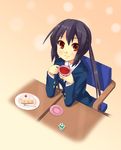  black_hair brown_eyes cake cup food fork highres k-on! long_hair nakano_azusa neck_ribbon plate ponishi. red_ribbon ribbon school_uniform solo table tea teacup twintails 