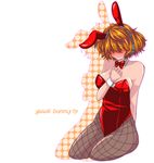  animal_ears bare_shoulders blush bow bowtie breasts brief_(character) brief_(psg) bunny bunny_ears bunnysuit cleavage female fishnets frown full_body genderswap headset panty_&amp;_stocking_with_garterbelt red_hair short_hair sitting solo white_background 