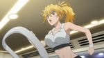  1girl animated animated_gif banpresto blonde_hair blue_eyes bounce bouncing_breasts breasts excellen_browning gif long_hair lowres midriff navel ponytail running solo super_robot_wars tank_top tanktop treadmill 