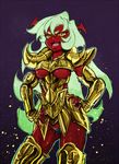  1girl armor breasts demon_girl fang green_hair hand_on_hip hips horns knight long_hair open_mouth panties panty_&amp;_stocking_with_garterbelt pixiv_thumbnail red_skin resized ru-ru-tia saint_seiya scanty scanty_(psg) solo underboob underwear very_long_hair yellow_eyes 