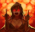  :d bad_id bad_pixiv_id breasts bridal_gauntlets cleavage explosion final_fantasy final_fantasy_iv fire glowing glowing_eyes green_hair hair_ornament hands large_breasts meme middle_finger open_mouth parody r.o.b red_eyes rydia shiny shiny_skin smile solo takeda_kanryuusai 