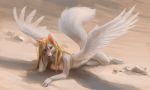  2018 akineza anthro blonde_hair canine digital_media_(artwork) feathered_wings feathers female fox hair hybrid mammal orange_eyes solo white_feathers wings 