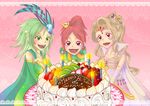  3girls ape blonde_hair brown_hair cake candle chocobo detached_sleeves earrings feather feathers female final_fantasy final_fantasy_iv food fruit green_eyes green_hair green_lips hair_ornament happy_birthday hino_makoto jewelry leotard long_hair multiple_girls open_mouth pink_lips ponytail porom purple_eyes red_eyes rosa_farrell rydia tiara 