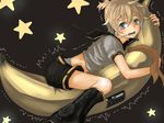  aqua_eyes banana blonde_hair blush boy_on_banana diaper food fruit holding holding_food holding_fruit kagamine_len keepout lying male_focus necktie on_banana on_stomach shorts solo trembling vibrator vocaloid 