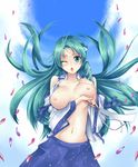  bare_shoulders breast_hold breasts detached_sleeves frog gohei green_eyes green_hair hair_ornament highres kochiya_sanae ky_kosuke large_breasts long_hair looking_at_viewer navel nipples no_bra one_eye_closed open_clothes open_shirt petals shirt snake solo touhou wind 