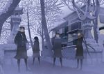 arms_behind_back bare_tree blue breath coat long_hair looking_back looking_up multiple_girls muted_color original pantyhose pleated_skirt scarf scenery school_uniform short_hair skirt snow standing stone_lantern tonkotsu tree twintails winter 