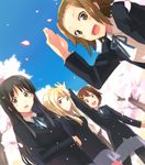  akiyama_mio black_hair blonde_hair blue_eyes blush brown_eyes brown_hair cherry_blossoms hair_ornament hairband hairclip hirasawa_yui k-on! kotobuki_tsumugi long_hair multiple_girls nishikawa_ari open_mouth pantyhose petals school_uniform short_hair smile tainaka_ritsu waving 