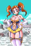  alternate_costume belly_button blush breasts brown_eyes cleavage dragon_quest dragon_quest_viii female hands_on_hips jessica_albert navel orange_hair outdoors plump sky smile solo square_enix 