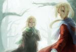  alphonse_elric bad_id bad_pixiv_id blonde_hair brothers coat edward_elric forest fullmetal_alchemist gloves highres looking_back minako_(mdr) multiple_boys nature ponytail scarf siblings white_gloves winter yellow_eyes 