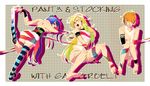  2girls bad_id bad_pixiv_id barefoot blonde_hair blue_eyes blue_hair blush brief_(psg) feet freckles hair_over_one_eye headphones highres long_hair multicolored_hair multiple_girls orange_hair panties panty_&amp;_stocking_with_garterbelt panty_(psg) red_string ribbon rim2 sock_pull stocking_(psg) string striped striped_legwear thighhighs two-tone_hair underwear wince 