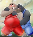  2022 anthro balls_outline belly big_belly black_body blush bodily_fluids brown_body bulge duo genital_outline humanoid_hands kemono male male/male mammal moobs nipples overweight overweight_male penis_outline shibatanukiti suid suina sus_(pig) sweat ursid wild_boar wrestling wrestling_singlet 