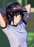  1girl arms_behind_head arms_up baseball baseball_helmet baseball_mitt brown_eyes brown_hair closed_mouth day helmet highres light_frown long_hair original outdoors pitching shirt solo some1else45 sportswear throwing upper_body white_shirt 