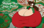  2015 anthro big_breasts blush bottomwear breast_expansion breasts brown_body brown_fur brown_hair cervid christmas clothing cookie debbie_(satsumalord) dessert digital_media_(artwork) eating english_text expansion eyewear female food fur glasses hair hi_res holidays huge_breasts hyper hyper_breasts mammal multicolored_body multicolored_fur nipple_outline pants satsumalord scarf solo sweater text topwear two_tone_body two_tone_fur 