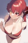  1girl absurdres arm_behind_back bikini bikini_pull blush breasts cleavage closed_mouth clothes_pull collarbone gold_trim heterochromia highres hololive houshou_marine large_breasts long_hair navel pulled_by_self red_bikini red_eyes red_hair solo stomach strap_pull sweatdrop swimsuit twintails vezbin virtual_youtuber yellow_eyes 