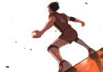  1boy black_hair facing_away from_behind from_below haikyuu!! knee_pads kurosujuu male_focus nishinoya_yuu orange_shirt orange_shorts outstretched_arms shirt shoes short_hair short_sleeves shorts sneakers solo sportswear spread_arms volleyball_uniform white_background 