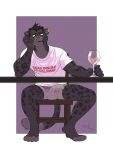  anthro bulge chair clothing container cup drinking_glass ear_piercing ear_ring felid furniture glass glass_container glass_cup hi_res male mammal melanistic metz&#039;eztli pantherine piercing ring ring_piercing russell_allen solo table text wine_glass 