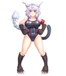  1girl animal animal_ears animal_hands armband bad_link braid braided_ponytail breasts cat claws crackle_(taimanin) fangs full_body hands_on_own_hips highres long_hair looking_at_viewer one-piece_swimsuit red_armband simple_background solo swimsuit tail taimanin_(series) taimanin_rpgx very_long_hair white_background white_hair 