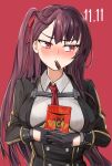  1girl blazer dated food food_in_mouth framed_breasts girls&#039;_frontline gloves highres holding holding_food jacket kuzumotsu long_hair looking_to_the_side necktie one_side_up pocky pocky_day pov red_background red_eyes red_necktie upper_body wa2000_(girls&#039;_frontline) 