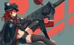  1girl bandaged_arm bandaged_leg bandages bangs black_cloak black_headwear black_shirt black_shorts black_thighhighs character_name clarenceman0605 cloak commission crop_top english_commentary groin guilty_gear guilty_gear_strive hand_on_own_knee hat highres huge_weapon long_hair midriff navel no_shoes parted_lips ramlethal_valentine red_eyes red_hair shirt short_shorts shorts sideways_mouth single_thighhigh sitting solo sword thighhighs toes weapon 